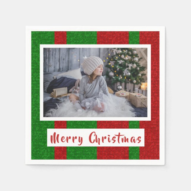 Merry Christmas on Knitting Red and Green Photo Napkins (Front)