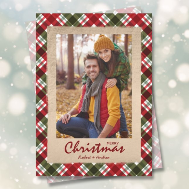 Merry Christmas on Plaid Photo Holiday Card (Creator Uploaded)