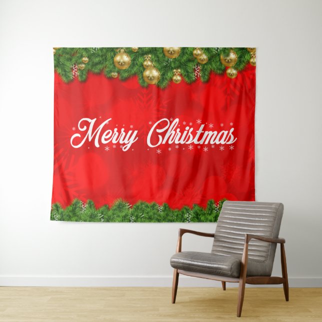Merry Christmas on Red with Foliage & Decorations Tapestry (In Situ (Horizontal))