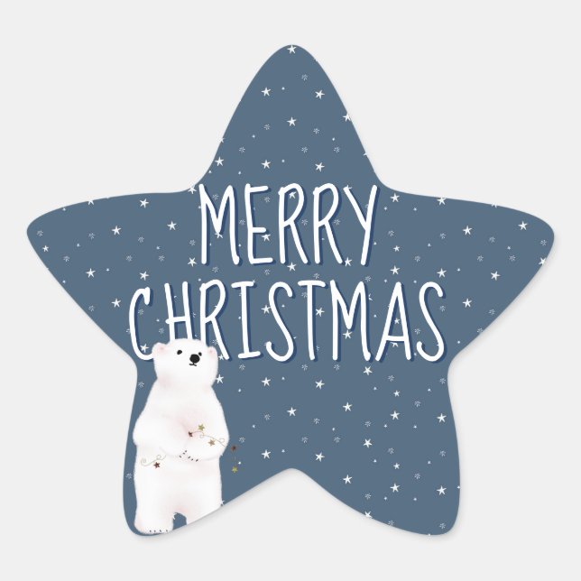 Merry Christmas On Stars With Polar Bear Star Sticker (Front)