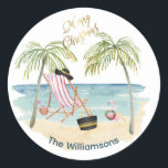 Merry Christmas on the Beach Family Name  Classic Round Sticker<br><div class="desc">Doesn't this tell a great story -- it is still a Merry Christmas on the beach moment -- whether you are actually on the beach or might like to imagine that you are -- this artistic watercolor sticker will take you there. Enjoy and it would make a really fun and...</div>