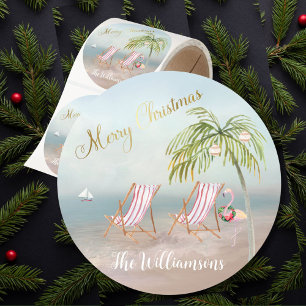 Merry Christmas on the Beach Family Name  Classic Round Sticker