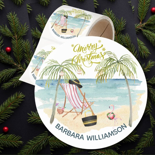 Merry Christmas on the Beach Name  Classic Round Sticker (Creator Uploaded)