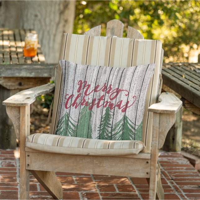 Merry Christmas On Weathered Wooden Planks Pattern Outdoor Pillow (Chair)