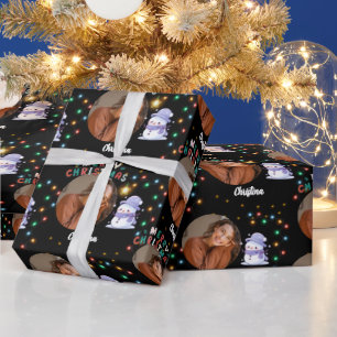Merry Christmas one circle photo and name snowman Wrapping Paper