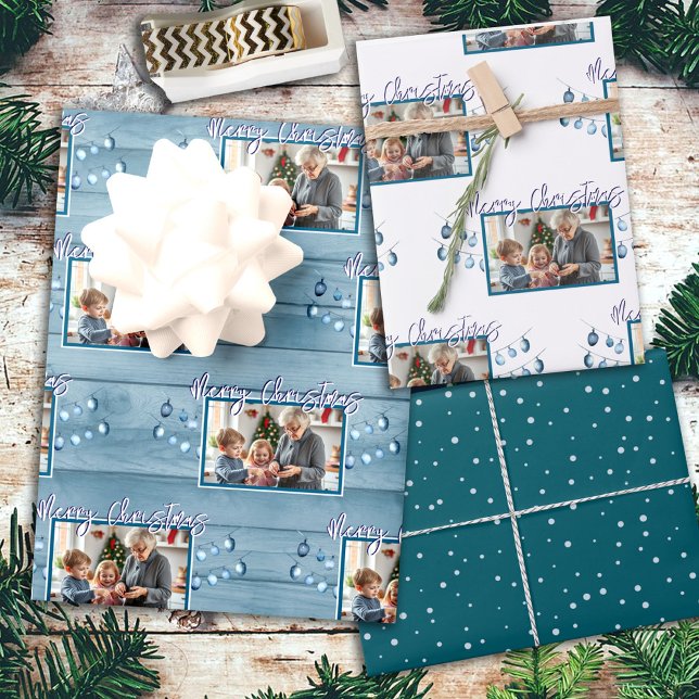 Merry Christmas One Family Photo Rustic Wood Wrapping Paper Sheets (Creator Uploaded)