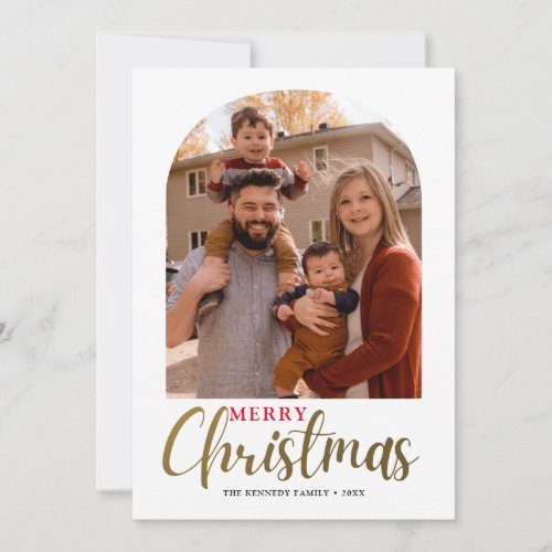 Merry Christmas One Photo Arch Gold Snowflake  Holiday Card