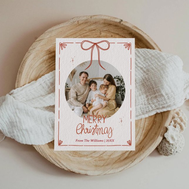 Merry Christmas One Photo Cute Red Ribbons  Holiday Card (Creator Uploaded)
