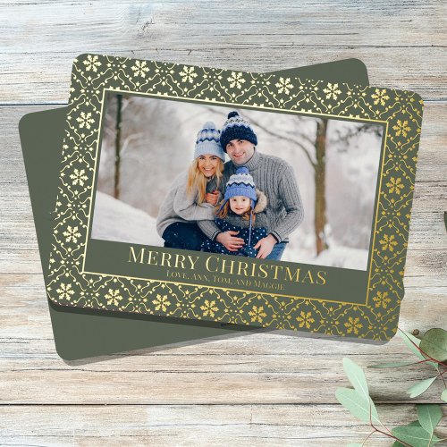 Merry Christmas One Photo Green Gold Snowflake Foil Holiday Card