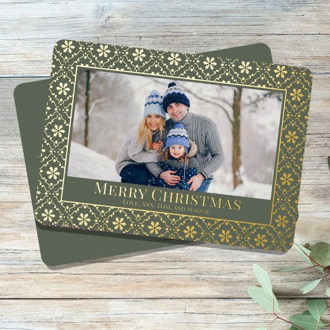 Merry Christmas One Photo Green Gold Snowflake Foil Holiday Card (Merry Christmas holiday photo card template with real gold foil. )