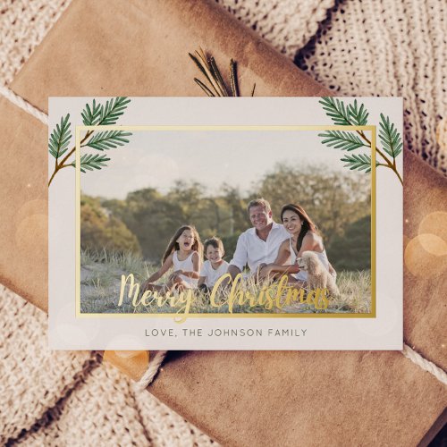 Merry Christmas One Photo Pine Twigs Foil Holiday Card