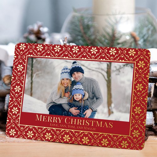 Merry Christmas One Photo Red and Gold  Foil Holiday Card