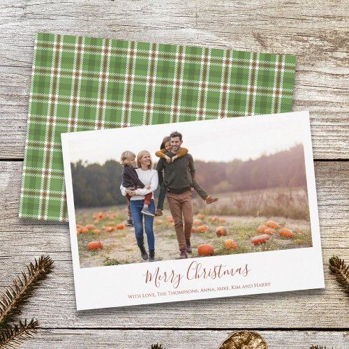 Merry Christmas One Photo Red and Photo Plaid Holiday Card