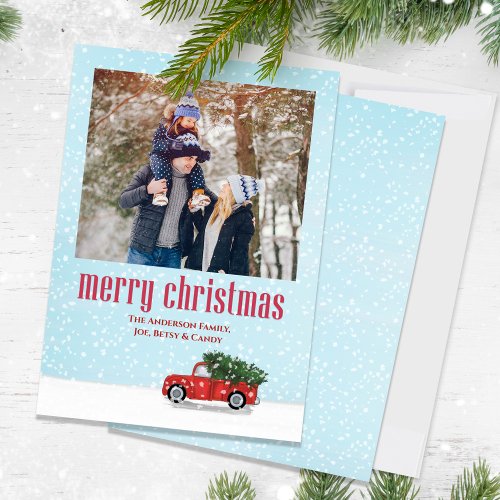 Merry Christmas One Photo Red Truck Holiday Card