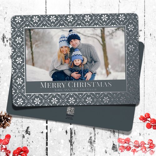 Merry Christmas One Photo Silver Snowflakes  Foil Holiday Card