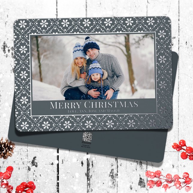 Merry Christmas One Photo Silver Snowflakes  Foil Holiday Card (Merry Christmas real foil silver snowflakes and navy blue background.)