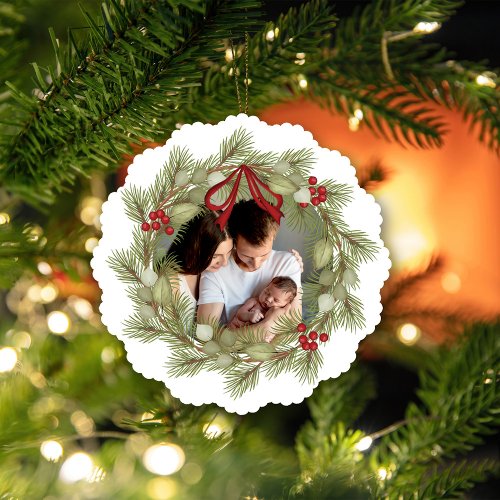 Merry Christmas One Photo Wreath Holly Berries Ornament Card