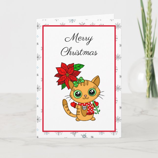Merry Christmas | Orange Cat with Poinsettia   Card (Front)