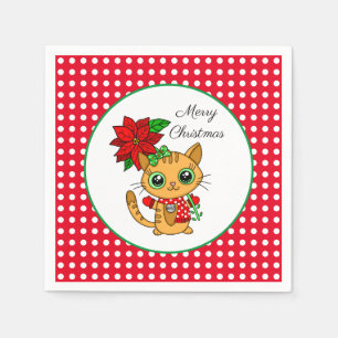 Merry Christmas Orange Cat with Poinsettia Napkins