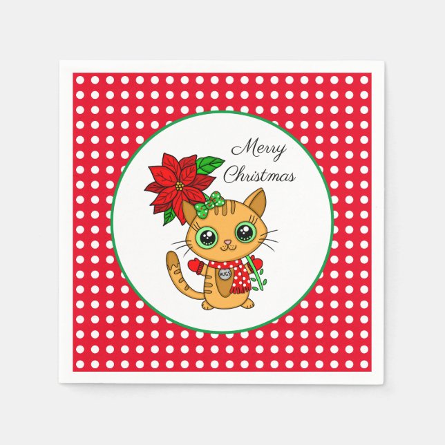 Merry Christmas | Orange Cat with Poinsettia  Napkins (Front)