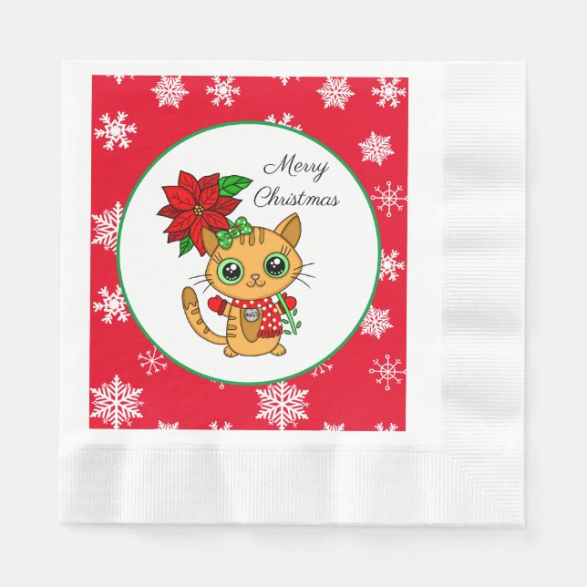 Merry Christmas | Orange Cat with Poinsettia  Napkins (Front)