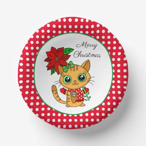 Merry Christmas  Orange Cat with Poinsettia    Paper Bowls