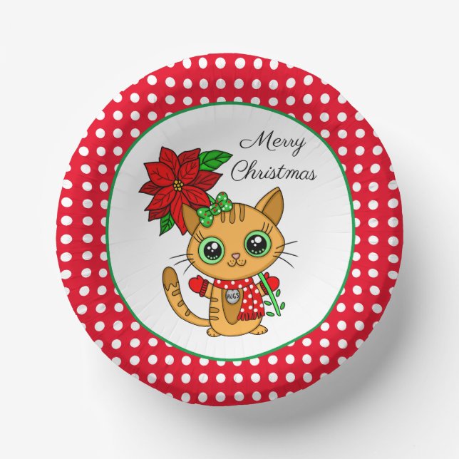 Merry Christmas | Orange Cat with Poinsettia    Paper Bowls (Front)