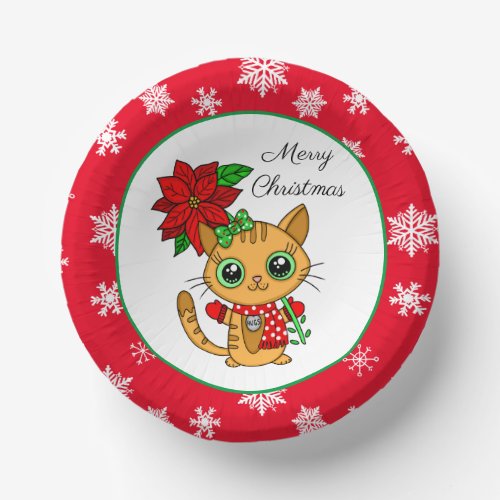 Merry Christmas  Orange Cat with Poinsettia   Paper Bowls