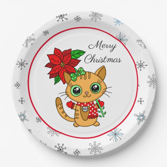 Merry Christmas | Orange Cat with Poinsettia  Paper Plates (Front)