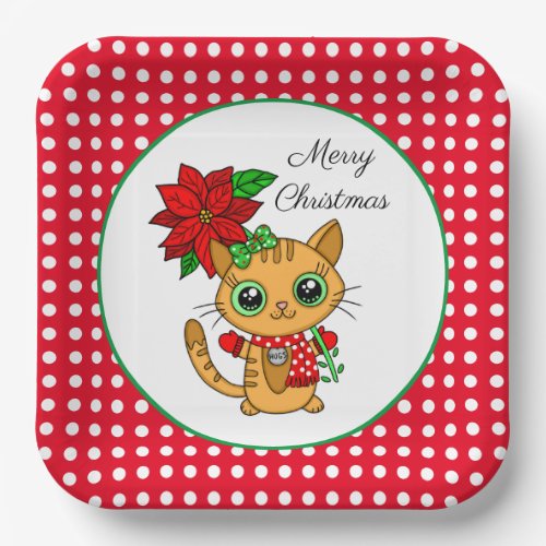 Merry Christmas  Orange Cat with Poinsettia    Paper Plates