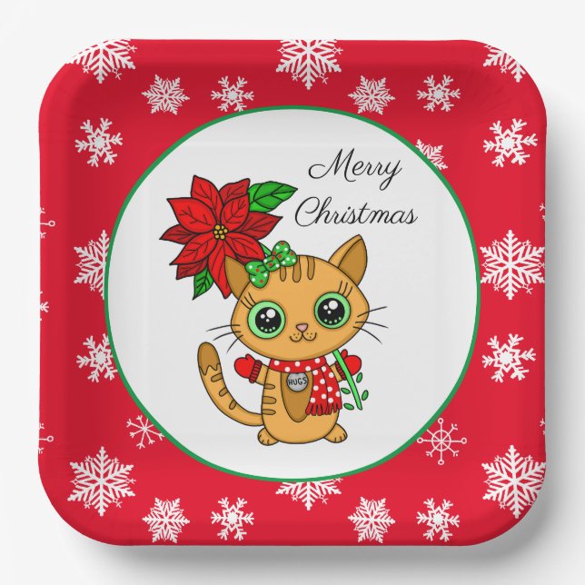 Merry Christmas | Orange Cat with Poinsettia     Paper Plates (Front)