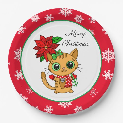 Merry Christmas  Orange Cat with Poinsettia   Paper Plates