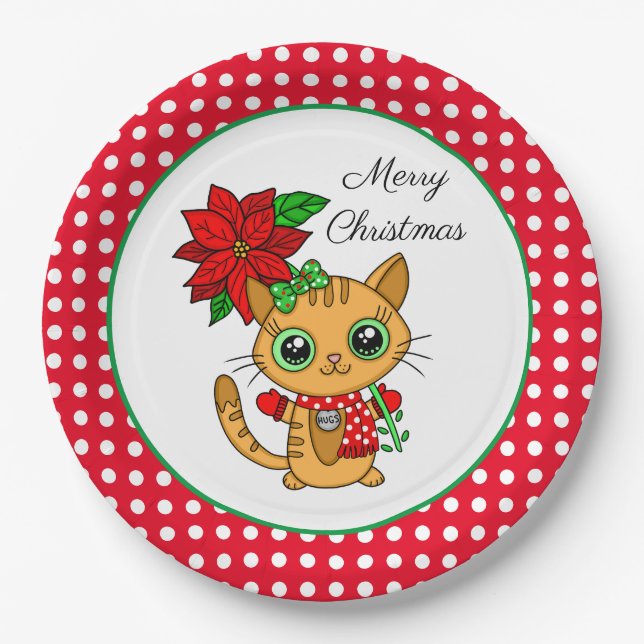 Merry Christmas | Orange Cat with Poinsettia    Paper Plates (Front)