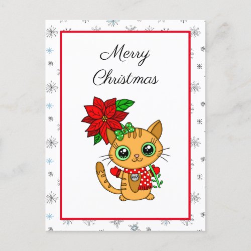 Merry Christmas  Orange Cat with Poinsettia   Postcard