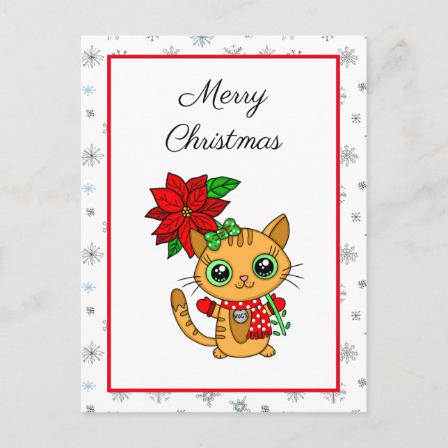 Merry Christmas | Orange Cat with Poinsettia   Postcard (Front)