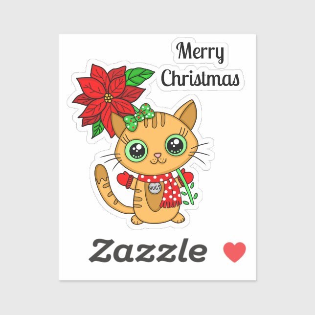 Merry Christmas Orange Cat with Poinsettia Sticker (Sheet)