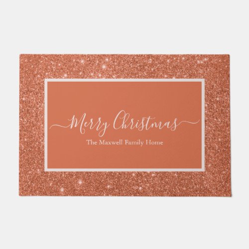 Merry Christmas orange glitter family name Doormat