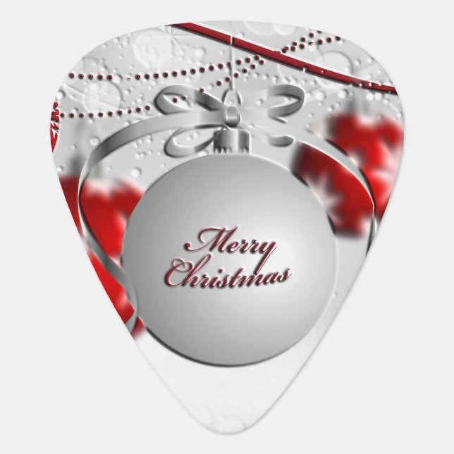 Merry Christmas Ornament in Silver and Red Guitar Pick (Front)