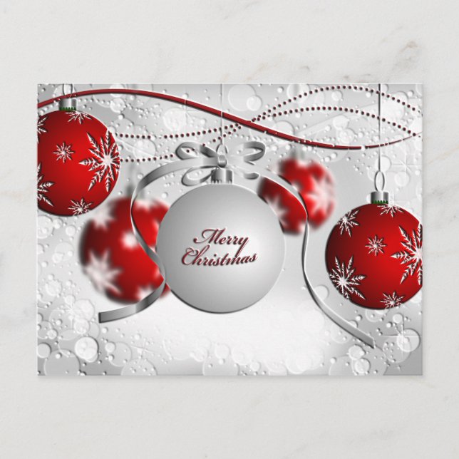 Merry Christmas Ornament in Silver and Red Holiday Postcard (Front)