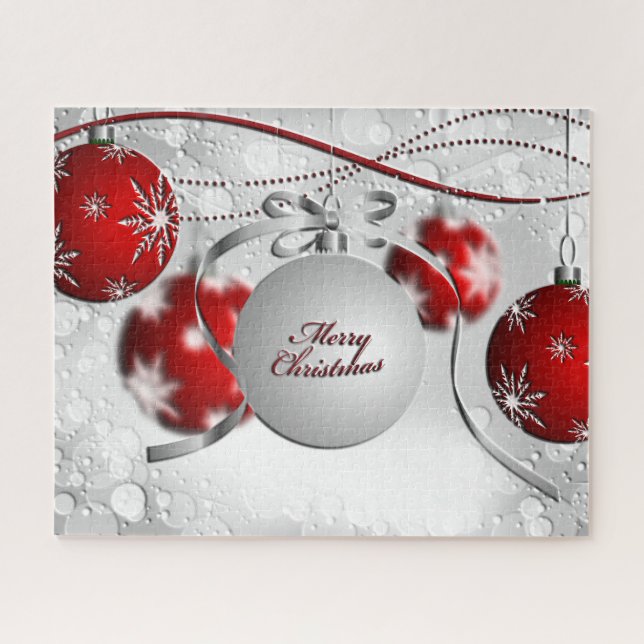 Merry Christmas Ornament in Silver and Red Jigsaw Puzzle (Horizontal)
