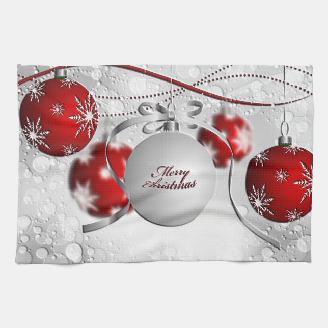 Merry Christmas Ornament in Silver and Red Kitchen Towel (Horizontal)