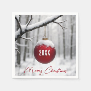 Merry Christmas Ornament On Snowy Branch Napkins