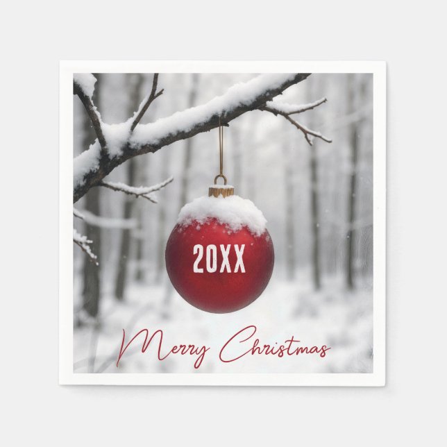 Merry Christmas Ornament On Snowy Branch Napkins (Front)