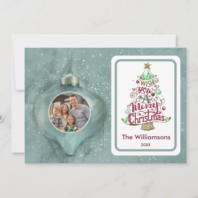 Merry Christmas Ornament Personalized Family Photo Card (Front)