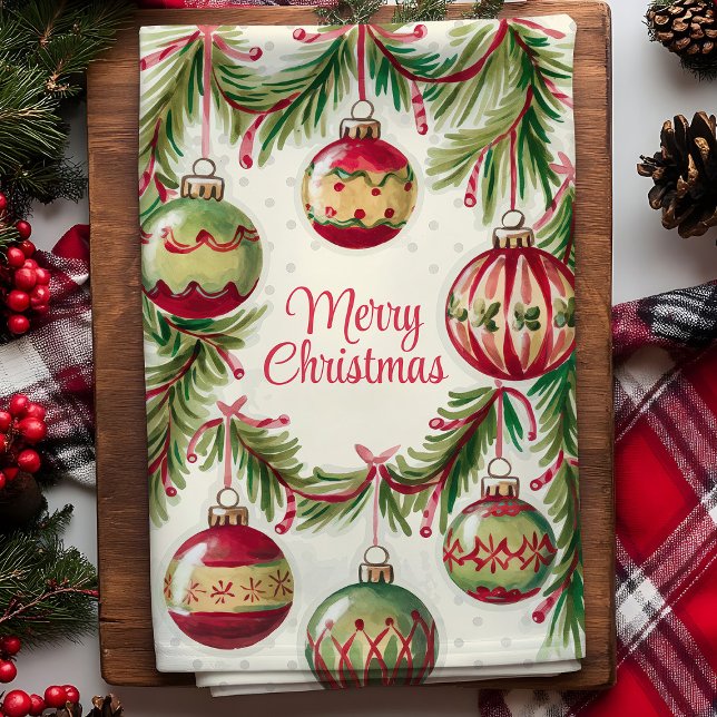 Merry Christmas Ornaments and Pine Branches Kitchen Towel (Creator Uploaded)