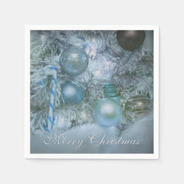 Merry Christmas Ornaments Blue Teal Holiday Tree Napkins (Front)