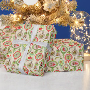  Merry Christmas Ornaments Cute Animals Red Green Wrapping Paper