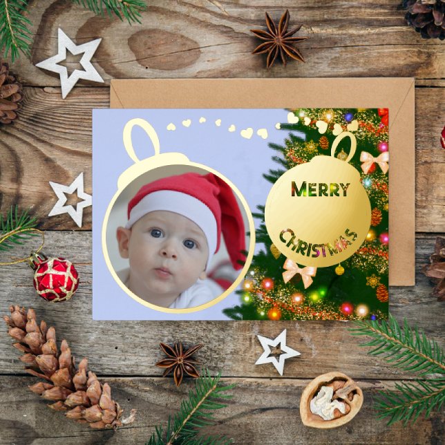 Merry Christmas Ornaments - Family Photo  Gold Foil Holiday Card (Creator Uploaded)