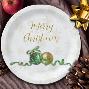 Merry Christmas Ornaments Gold Holiday Party Paper Plates