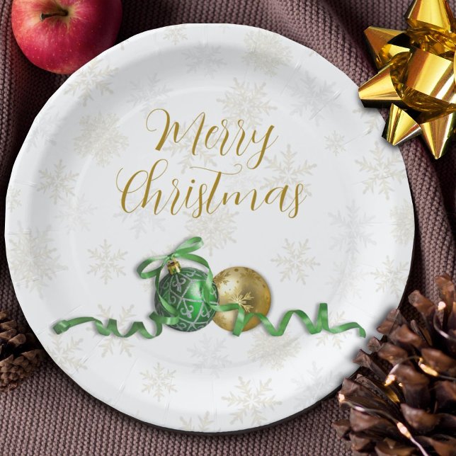 Merry Christmas Ornaments Gold Holiday Party Paper Plates (Creator Uploaded)